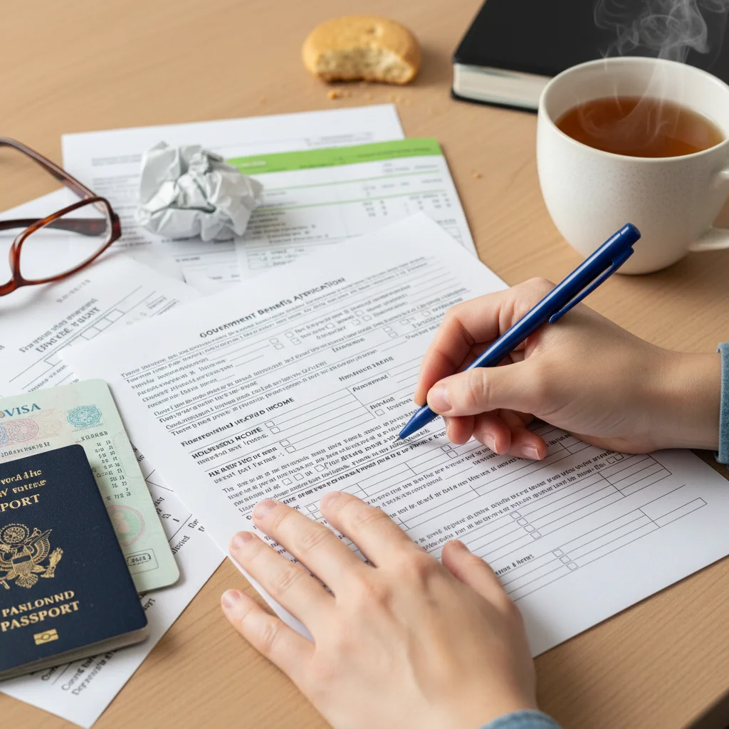 Hands filling out a detailed UK government benefits form, highlighting the administrative process.