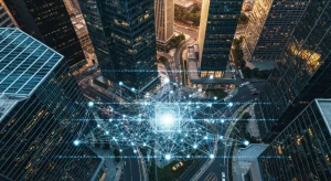 An aerial drone shot of a financial district at dusk, with glowing digital market data lines overlaying the city's geometric patterns, illustrating the connection between global news and personal finance.