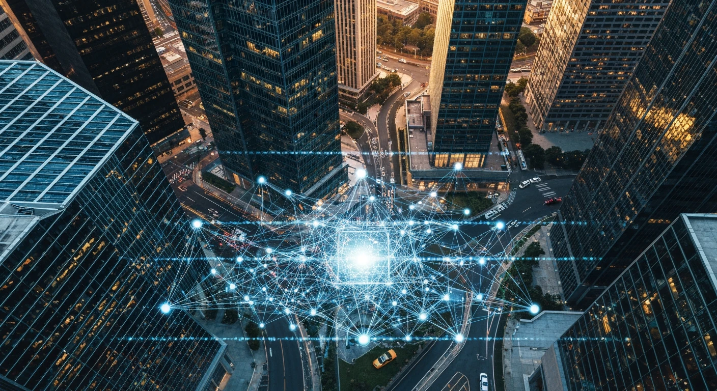 An aerial drone shot of a financial district at dusk, with glowing digital market data lines overlaying the city's geometric patterns, illustrating the connection between global news and personal finance.