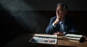The Strategic Intersection: How News and Education Shape Financial Outcomes A thoughtful individual immersed in an aging financial newspaper and textbook, dramatically lit to highlight the critical link between information and financial understanding.