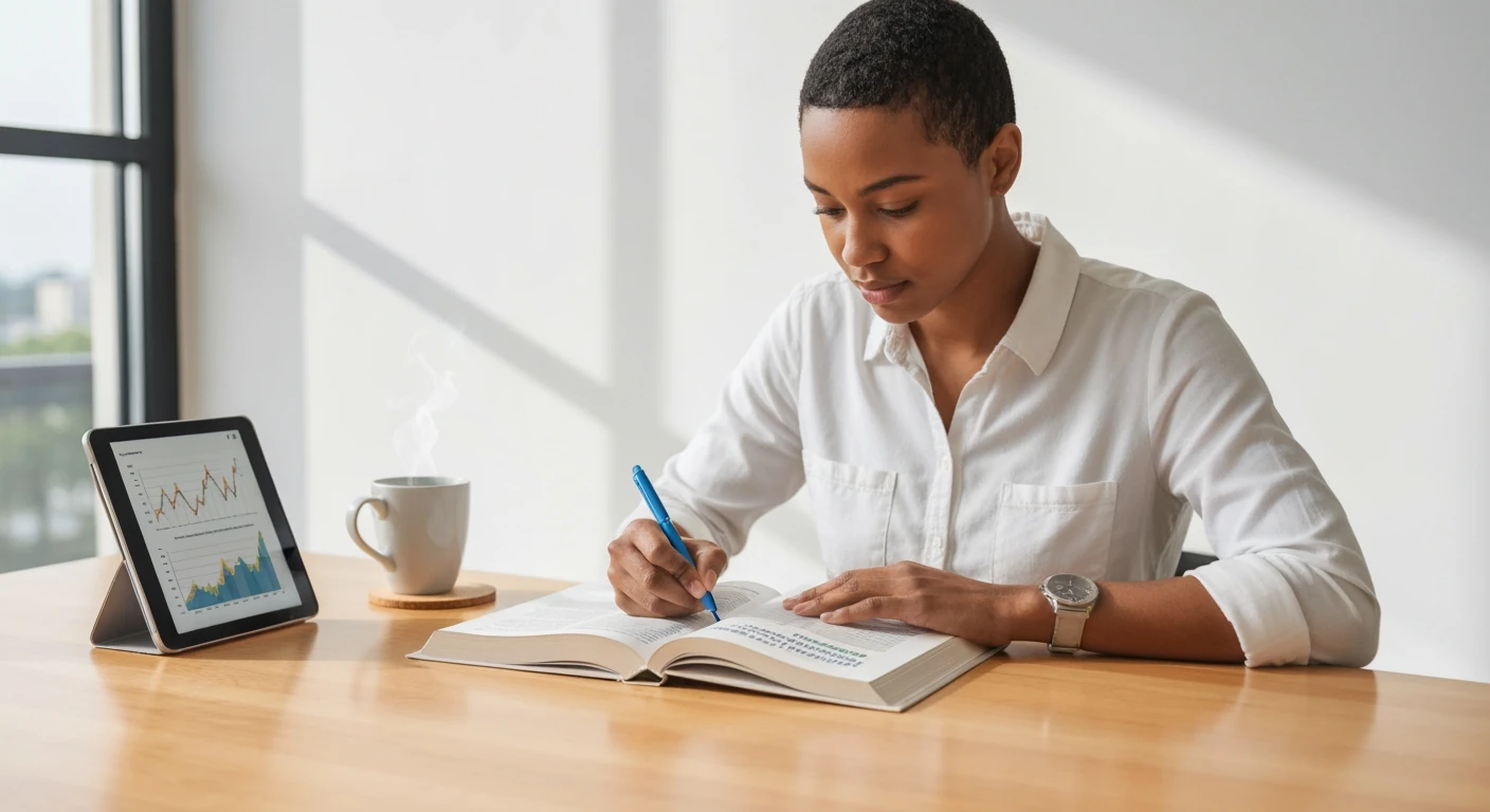 A focused person in their late 20s highlighting a personal finance textbook on a clean maple desk, with a tablet displaying an economic graph and a ceramic mug nearby, illuminated by soft natural light.