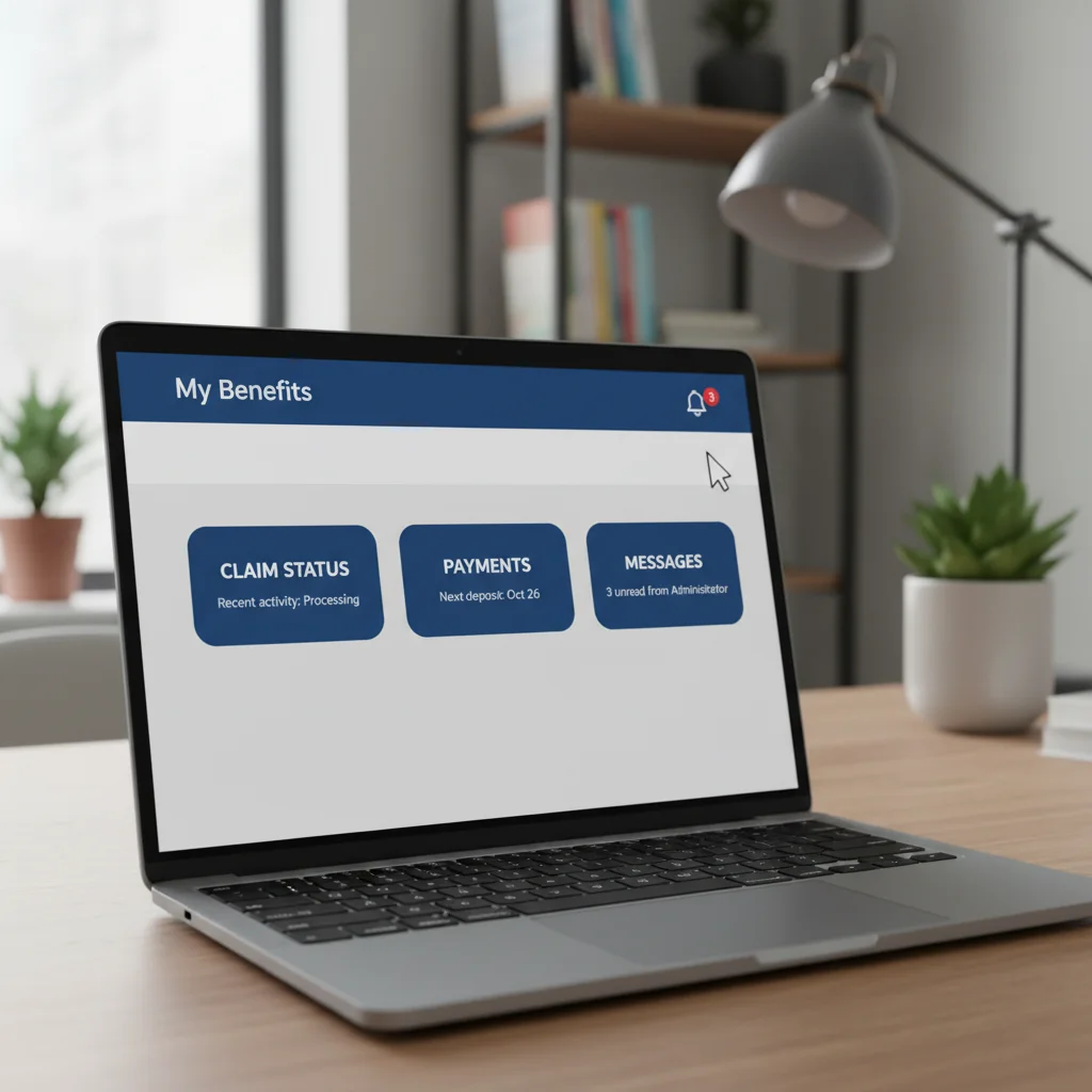 Digital portal showing 'My Benefits' information on a laptop, emphasizing online access to ESA details.