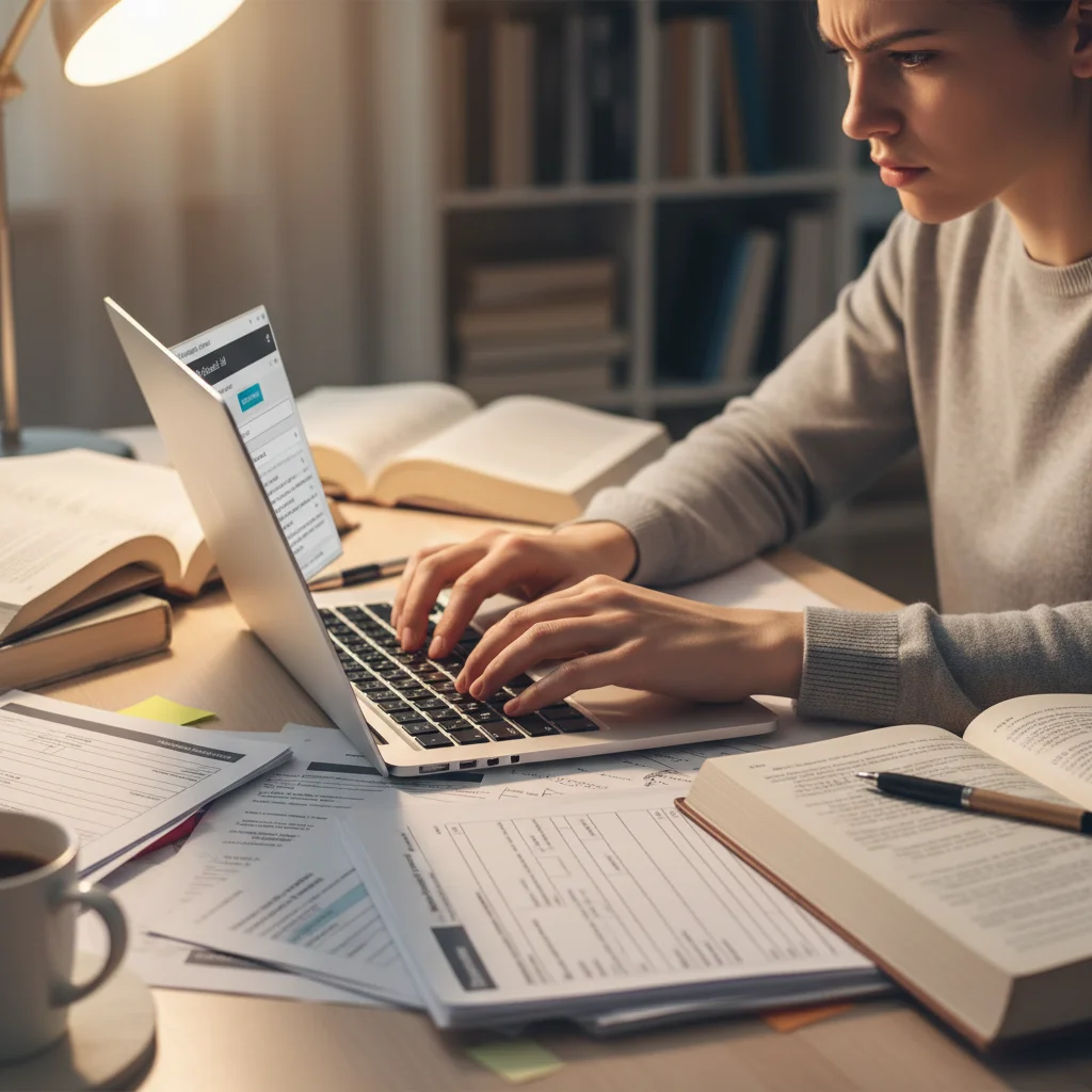 Student researching and applying for university grants on a laptop with textbooks.