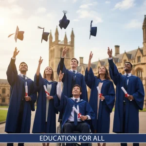 Diverse students celebrating graduation with university building in background, symbolizing academic success and accessible education.