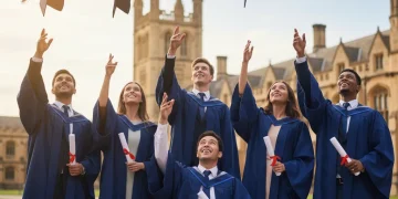 Diverse students celebrating graduation with university building in background, symbolizing academic success and accessible education.