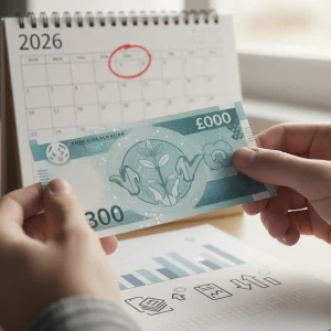 2026 Cost of Living Payments: Eligibility, Dates, and How to Claim Your £300 Grant Hands holding a £300 banknote with 2026 calendar and bills in background.