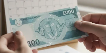 Hands holding a £300 banknote with 2026 calendar and bills in background.