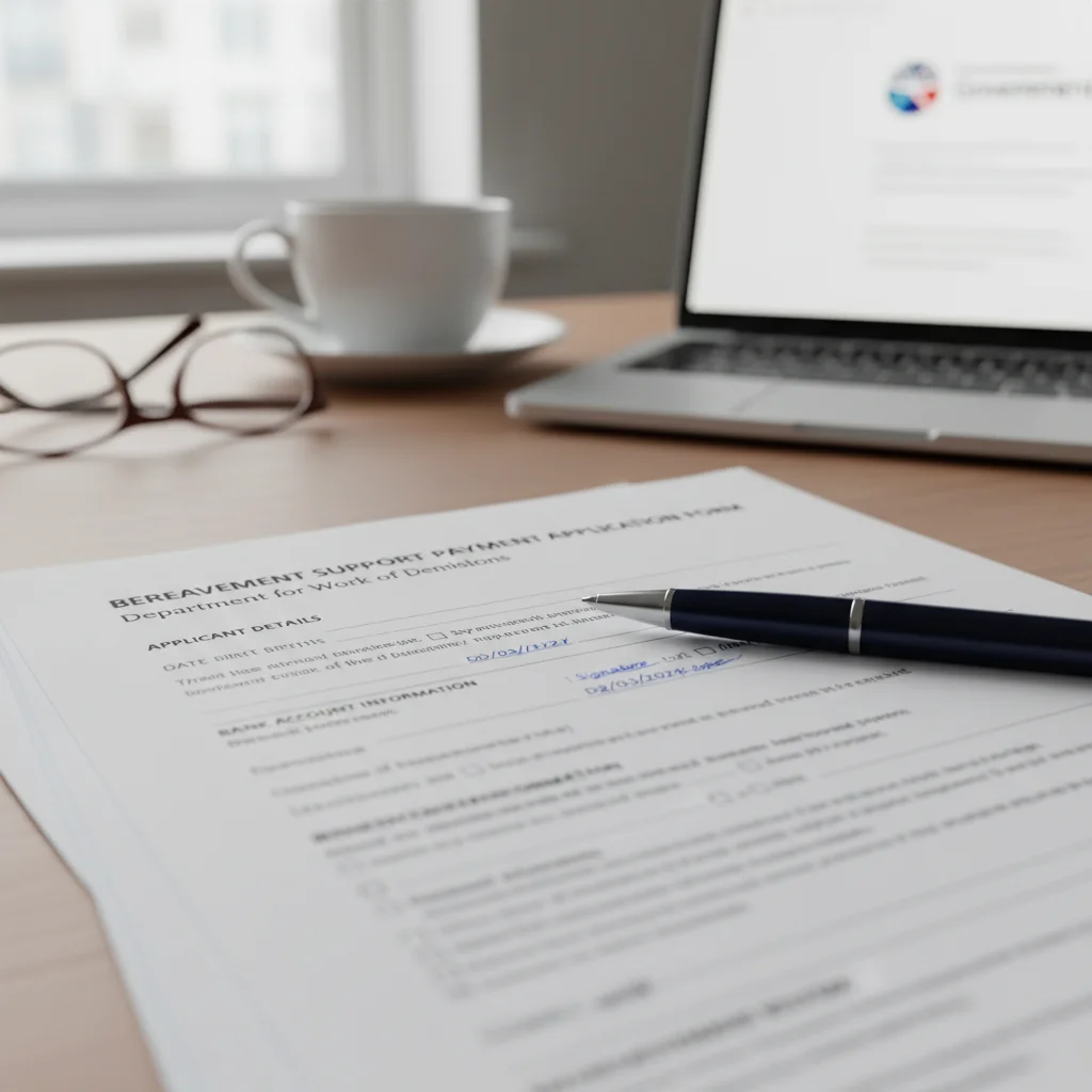 Filling out application forms for Bereavement Support Payment.