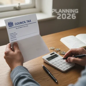 Council Tax Support 2026: Unlock Up to 25% Savings on Your Bill Hands reviewing a council tax bill with a calculator, symbolizing financial assessment for 2026 savings.