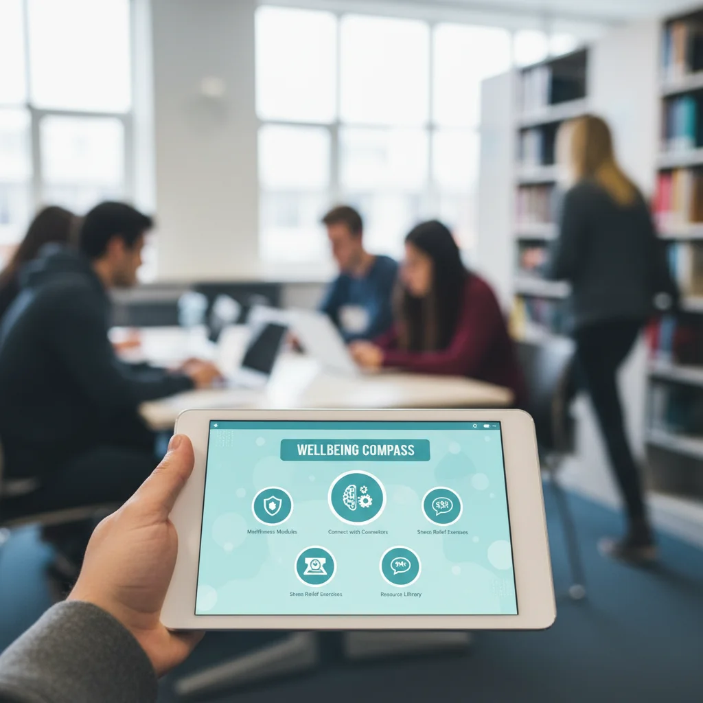 Student using a wellbeing app on a tablet, highlighting digital mental health resources.