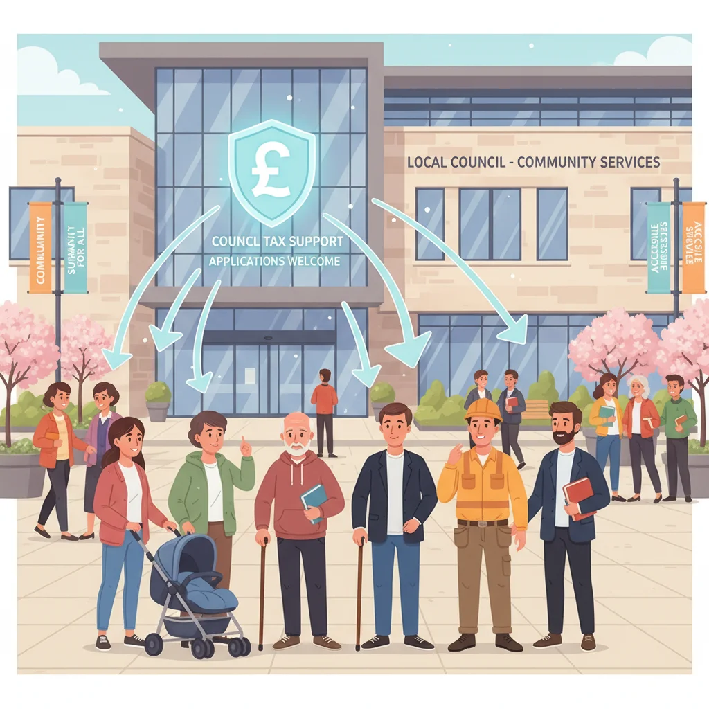 Diverse individuals applying for council tax support at a local council building.