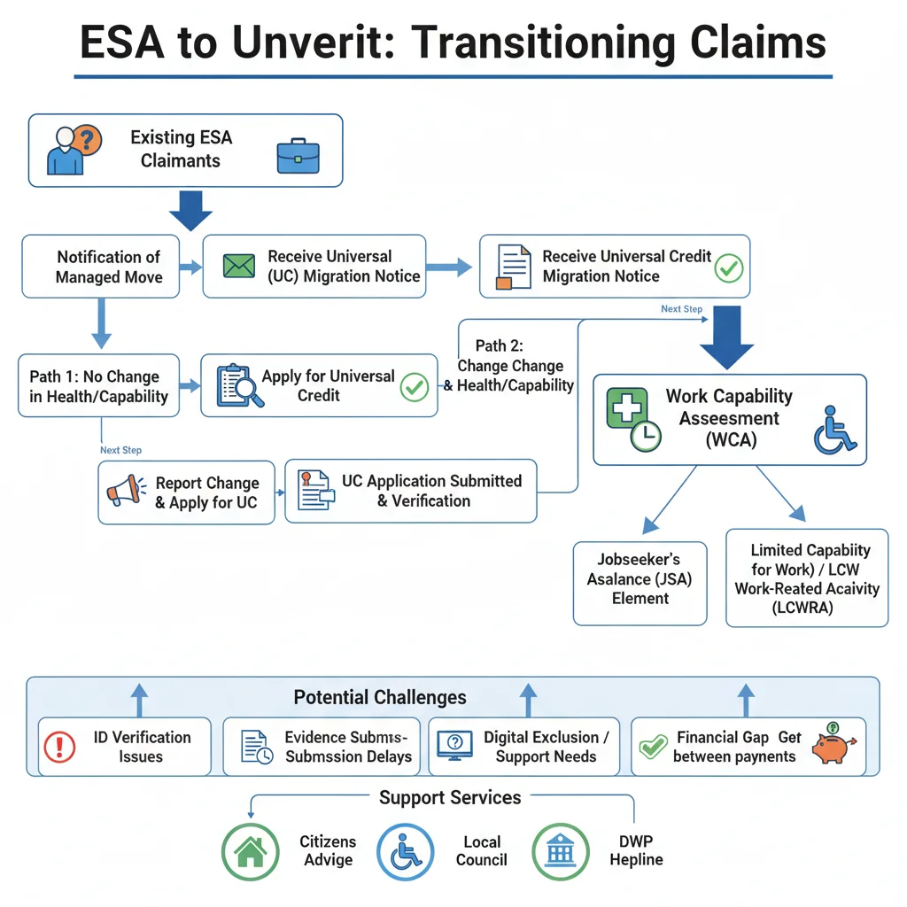 Infographic showing the transition from ESA to Universal Credit, highlighting key steps and support.