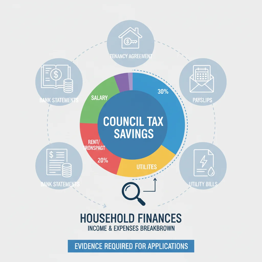 Pie chart illustrating household finances and council tax savings, with icons of required documents.