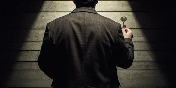 A person, seen from behind, holding a tarnished brass key firmly in their hands against a dark, weathered wooden background, symbolizing financial protection and defensive strategy.