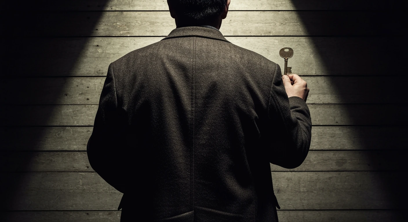 A person, seen from behind, holding a tarnished brass key firmly in their hands against a dark, weathered wooden background, symbolizing financial protection and defensive strategy.