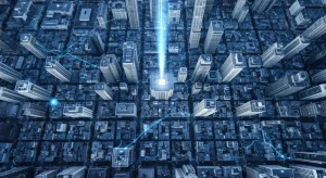 Aerial view of a futuristic city at dawn, overlaid with glowing blue financial data streams and market trends, representing the connection between news and investment strategy.