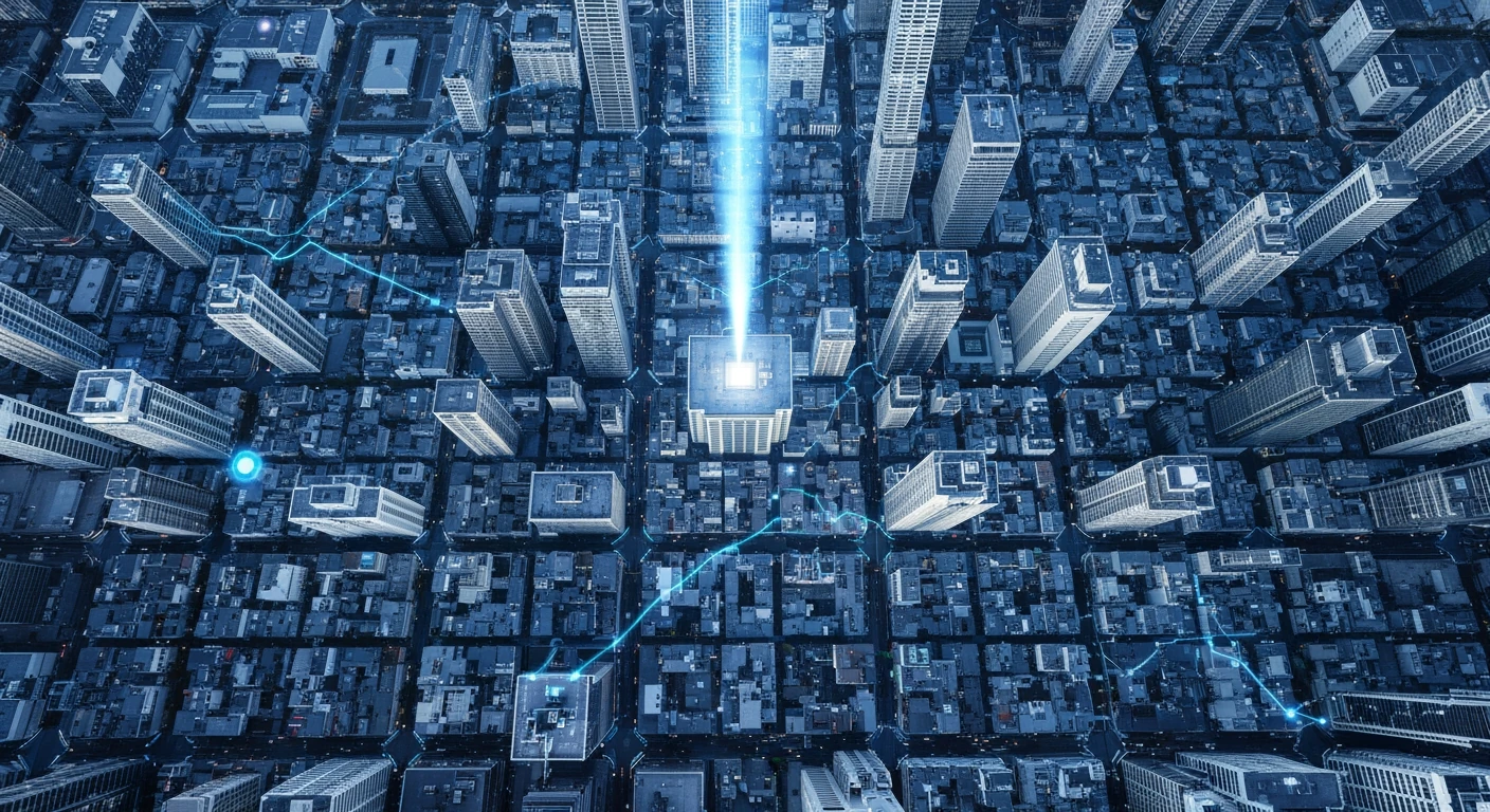 Aerial view of a futuristic city at dawn, overlaid with glowing blue financial data streams and market trends, representing the connection between news and investment strategy.