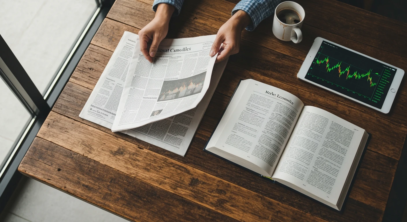 Overhead view of hands engaging with a financial newspaper, economics textbook, and tablet displaying stock market data on a wooden table, emphasizing active financial learning.