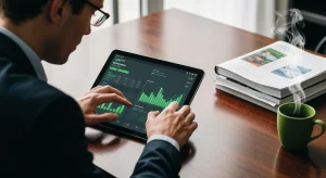 Mastering Your Financial Future: The Unseen Power of News and Education A person actively monitors financial news on a tablet, surrounded by journals, illustrating the impact of informed decisions on wealth.