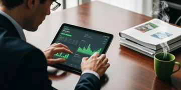 A person actively monitors financial news on a tablet, surrounded by journals, illustrating the impact of informed decisions on wealth.