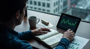 Person contemplating financial charts on a tablet and handwritten notes in a leather journal, looking out a rain-streaked window, symbolizing strategic financial learning.