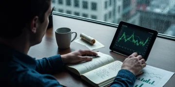 Person contemplating financial charts on a tablet and handwritten notes in a leather journal, looking out a rain-streaked window, symbolizing strategic financial learning.