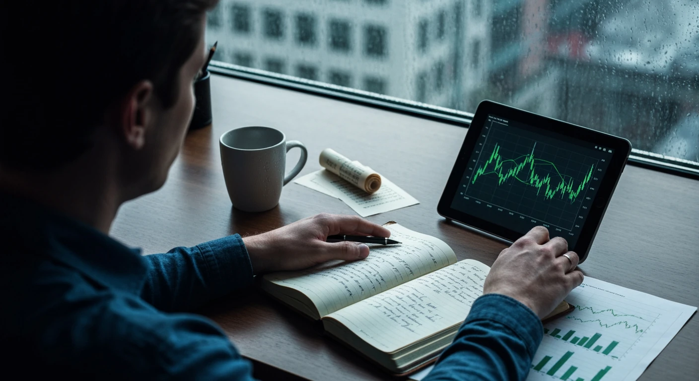 Person contemplating financial charts on a tablet and handwritten notes in a leather journal, looking out a rain-streaked window, symbolizing strategic financial learning.