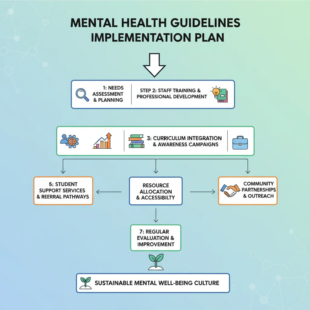 Infographic outlining implementation steps for mental health guidelines.