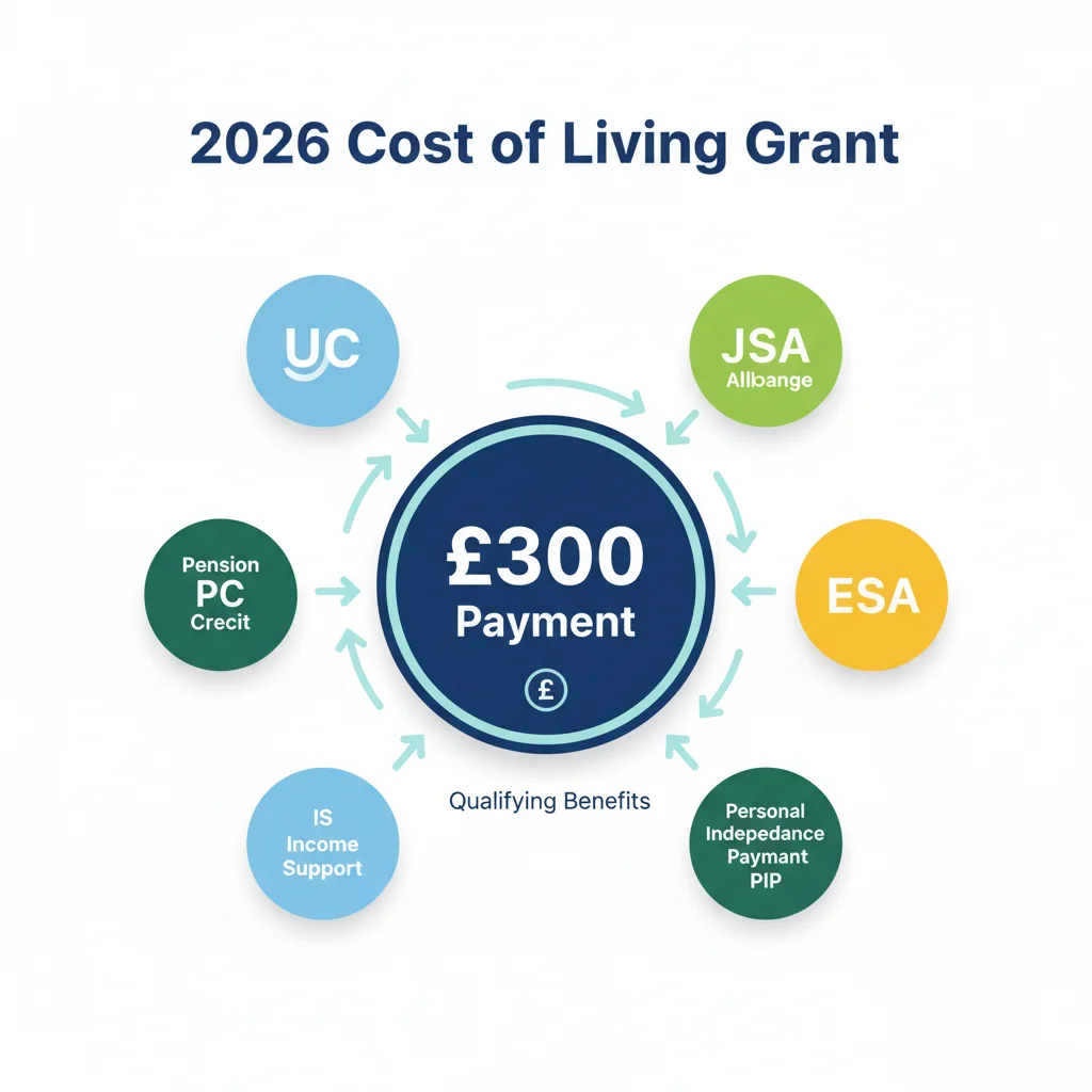 Graphic depicting qualifying benefits for the £300 Cost of Living Payment.