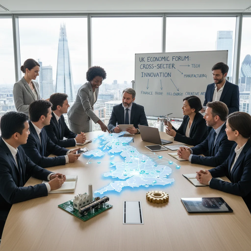 Professionals from diverse sectors collaborating, representing UK economic performance.