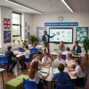 Teachers and students thriving in a UK classroom, representing successful education policy