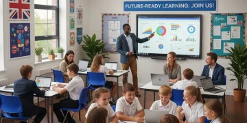 Teachers and students thriving in a UK classroom, representing successful education policy