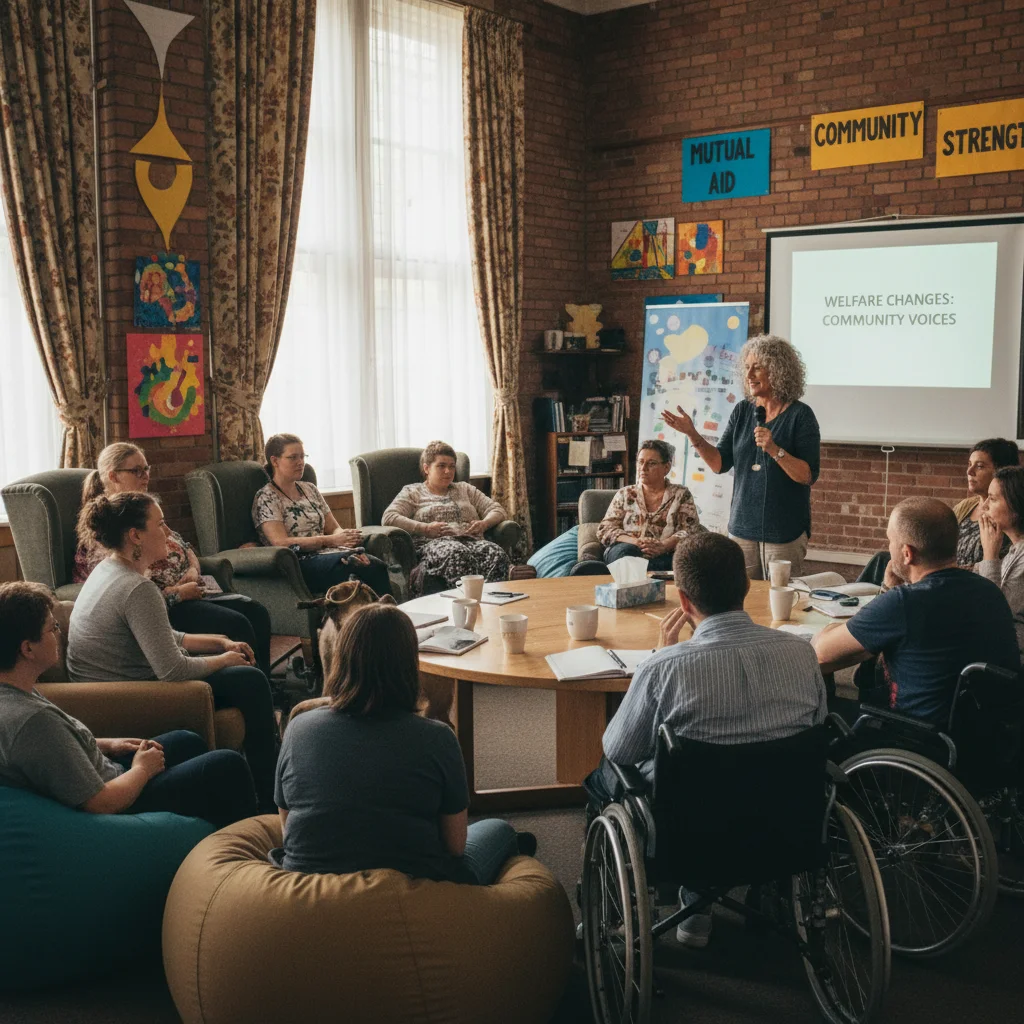 Support group discussing DWP welfare reforms, focusing on community and shared experiences.