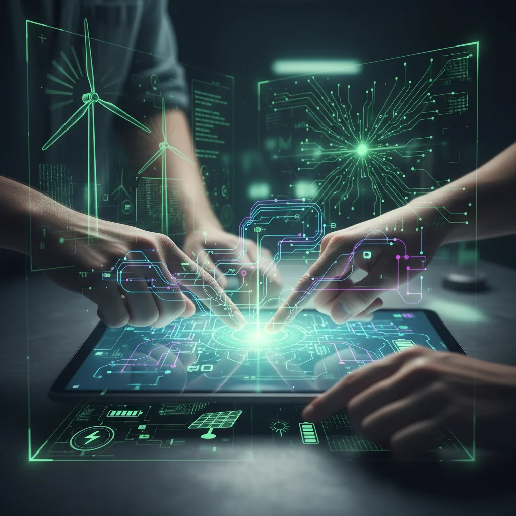 Hands collaborating on a tablet showing AI algorithms and green energy schematics, symbolizing tech innovation.