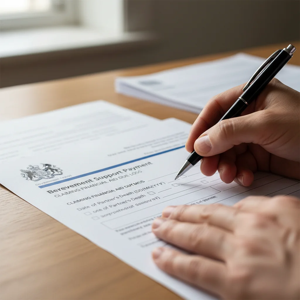 Hands filling out a Bereavement Support Payment application form