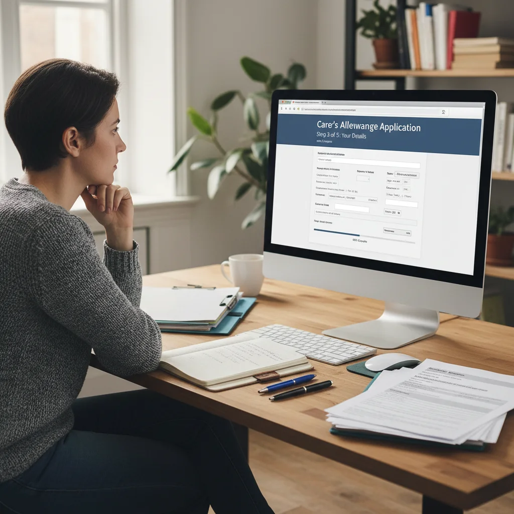 Person applying for Carer's Allowance online, reviewing forms.