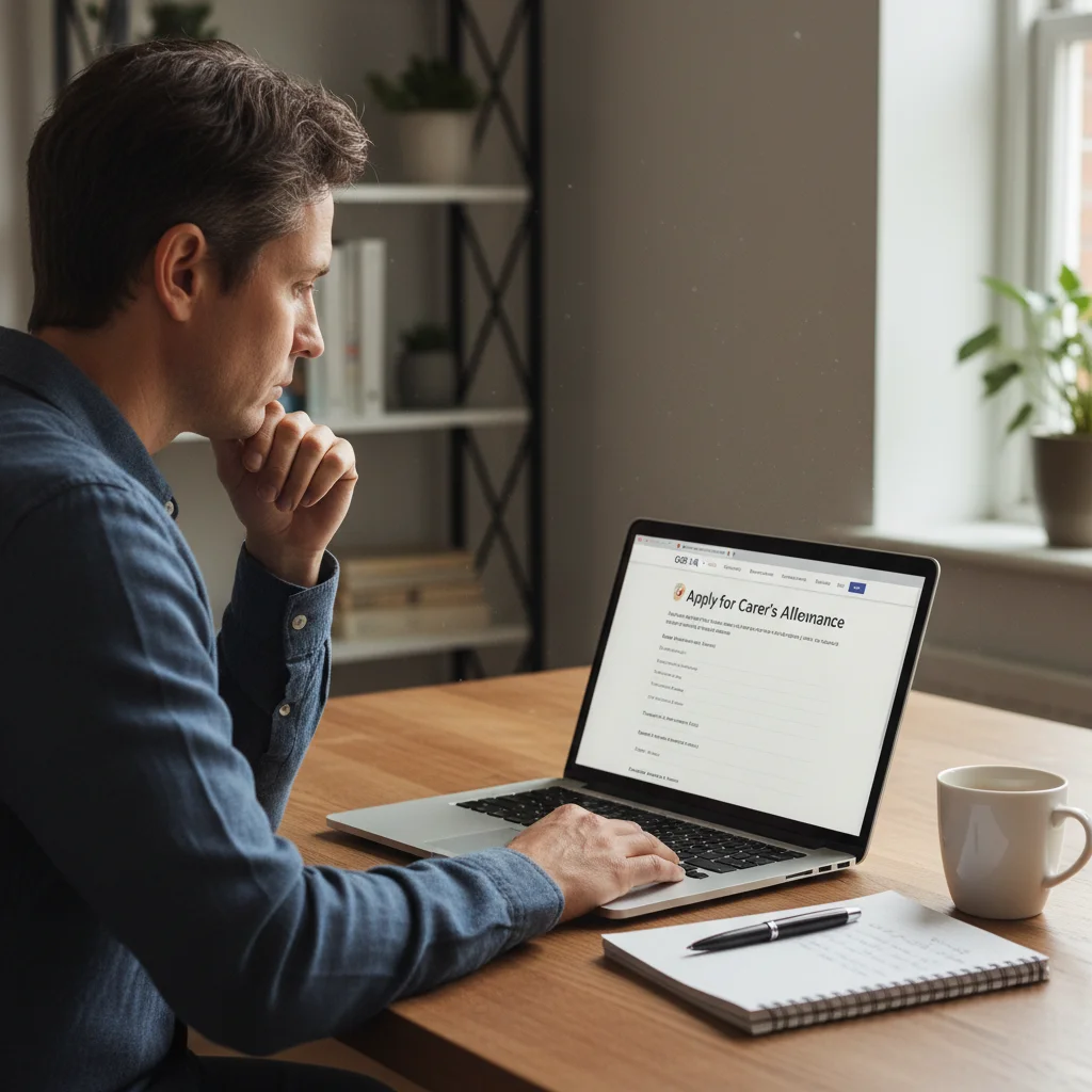 Person applying for Carer's Allowance online, reviewing information.