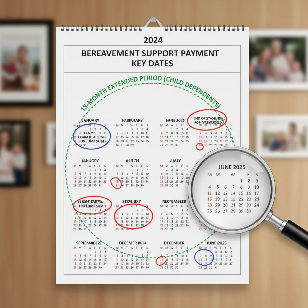 Calendar highlighting key dates for Bereavement Support Payment periods