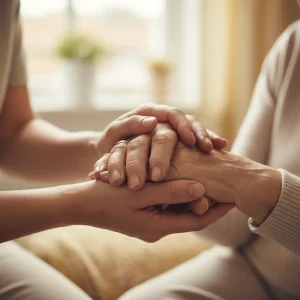 Hands of a carer holding hands of an elderly person, representing care and support.