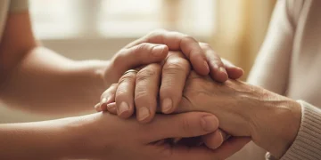 Hands of a carer holding hands of an elderly person, representing care and support.