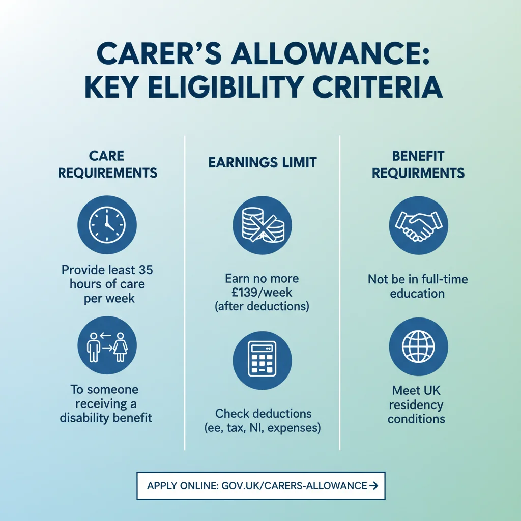 Infographic detailing Carer's Allowance eligibility criteria for 2026.