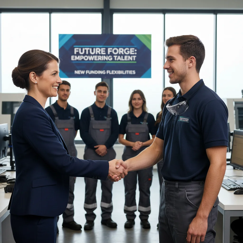 Business leader and apprentice shaking hands, representing successful workforce development.