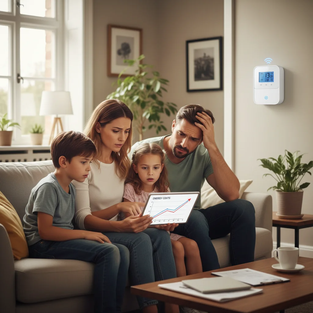 Concerned family reviewing rising energy bills on tablet