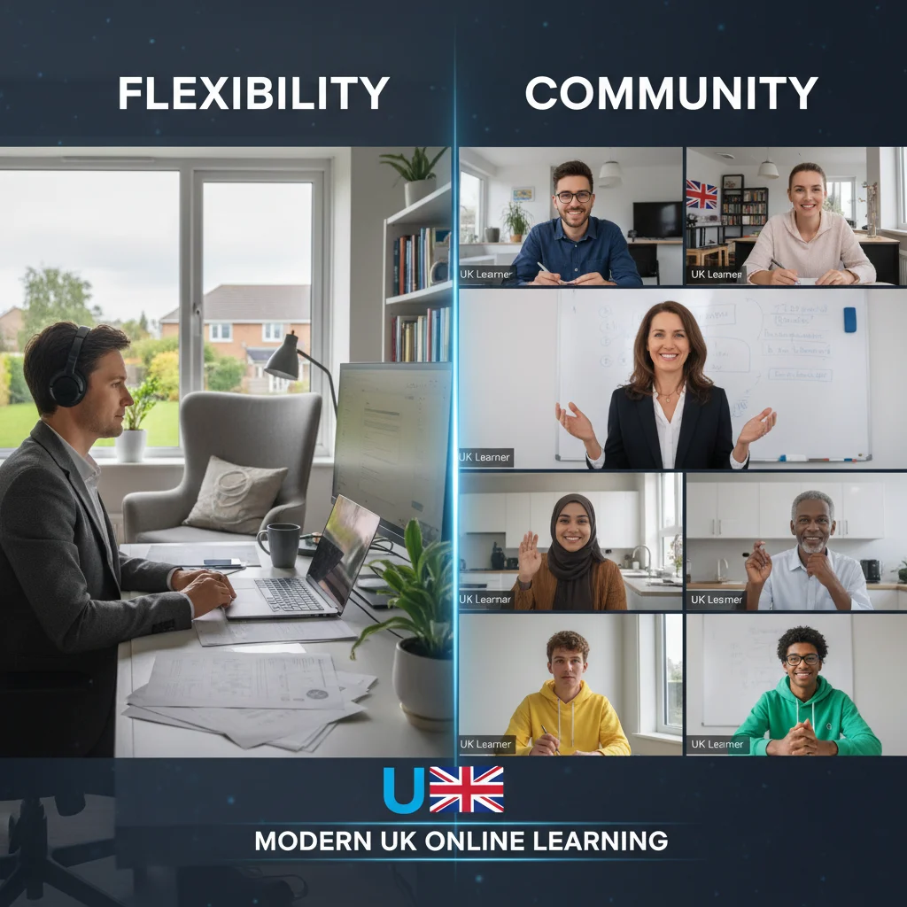 Professional in home office balancing work and online learning with a vibrant virtual classroom, showcasing flexibility.