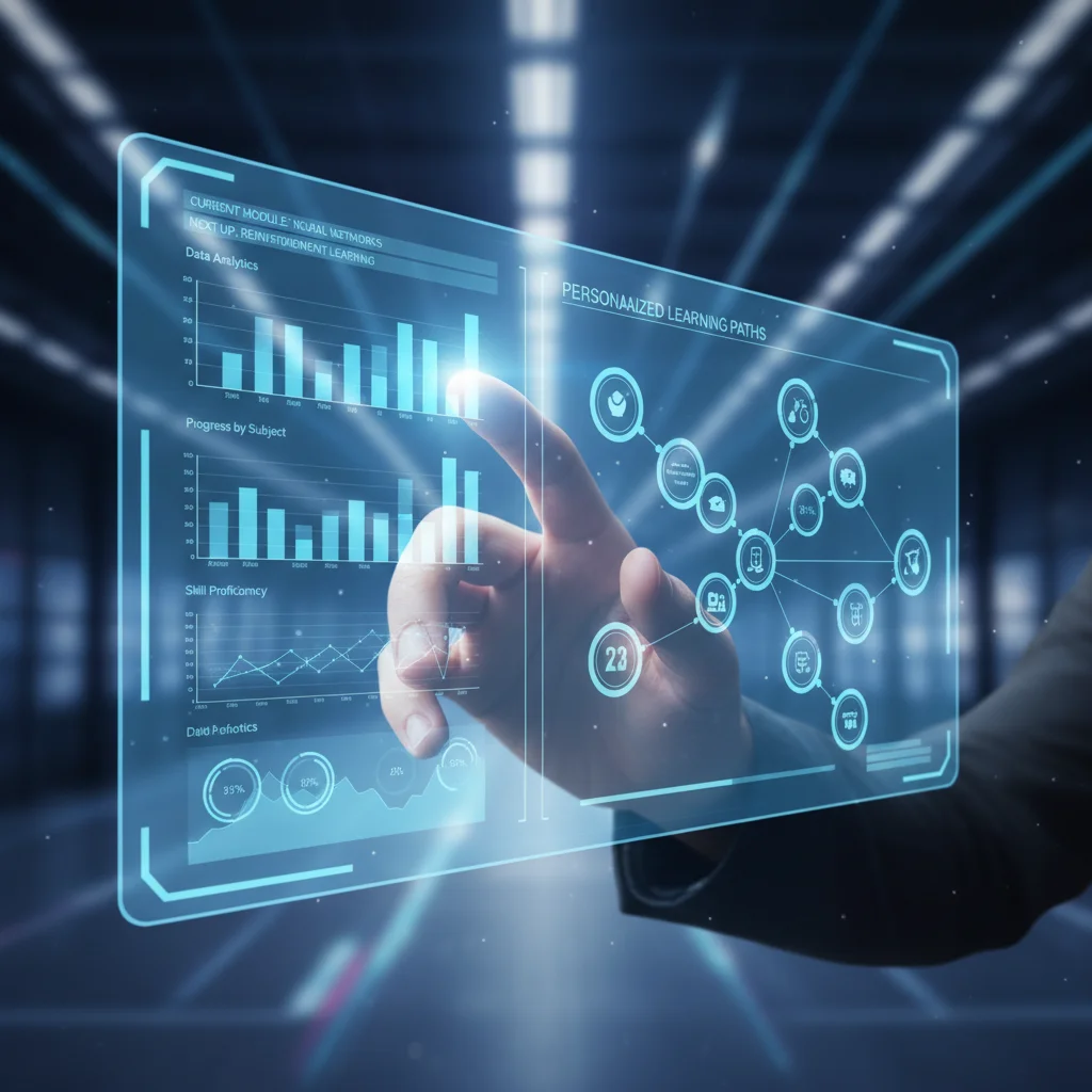 Hand interacting with a holographic interface showing personalized learning paths and data analytics in a futuristic educational setting.