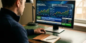 An individual's blurred shoulder and head, seen from behind, intensely viewing a financial news feed on a monitor, with a notebook and pen on a dark green desk, illustrating the link between news and market understanding.