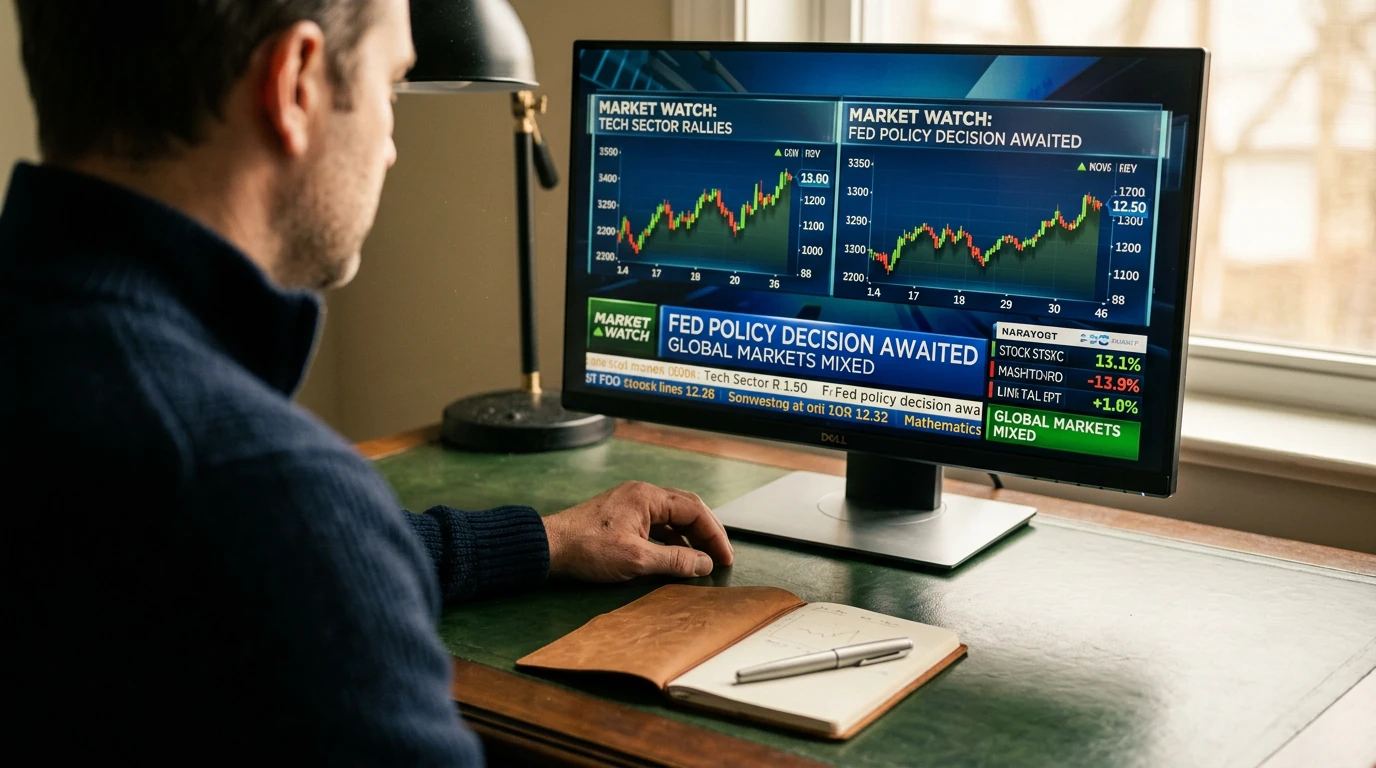 An individual's blurred shoulder and head, seen from behind, intensely viewing a financial news feed on a monitor, with a notebook and pen on a dark green desk, illustrating the link between news and market understanding.