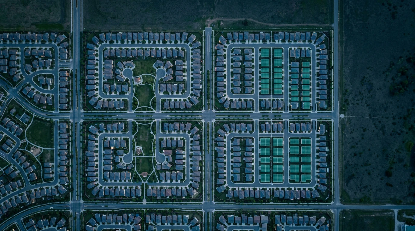 Aerial view of a structured suburban neighborhood at dusk, highlighting geometric patterns of streets and rooftops with green solar panels, symbolizing financial planning and order.