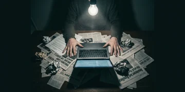 A person's hands splayed over a cluttered desk with fragmented news clippings and a laptop displaying garbled headlines, illuminated by a harsh overhead bulb.