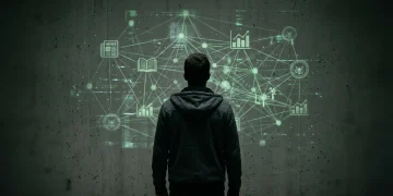 A person stands before a complex, glowing green data visualization on a concrete wall, illustrating the interconnectedness of news, education, benefits, and finance.